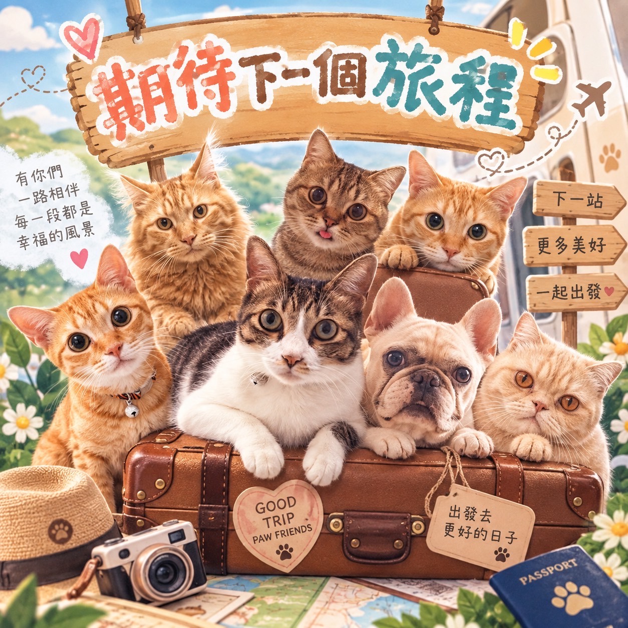 貓狗一起期待下一個旅程的暖透啦插畫